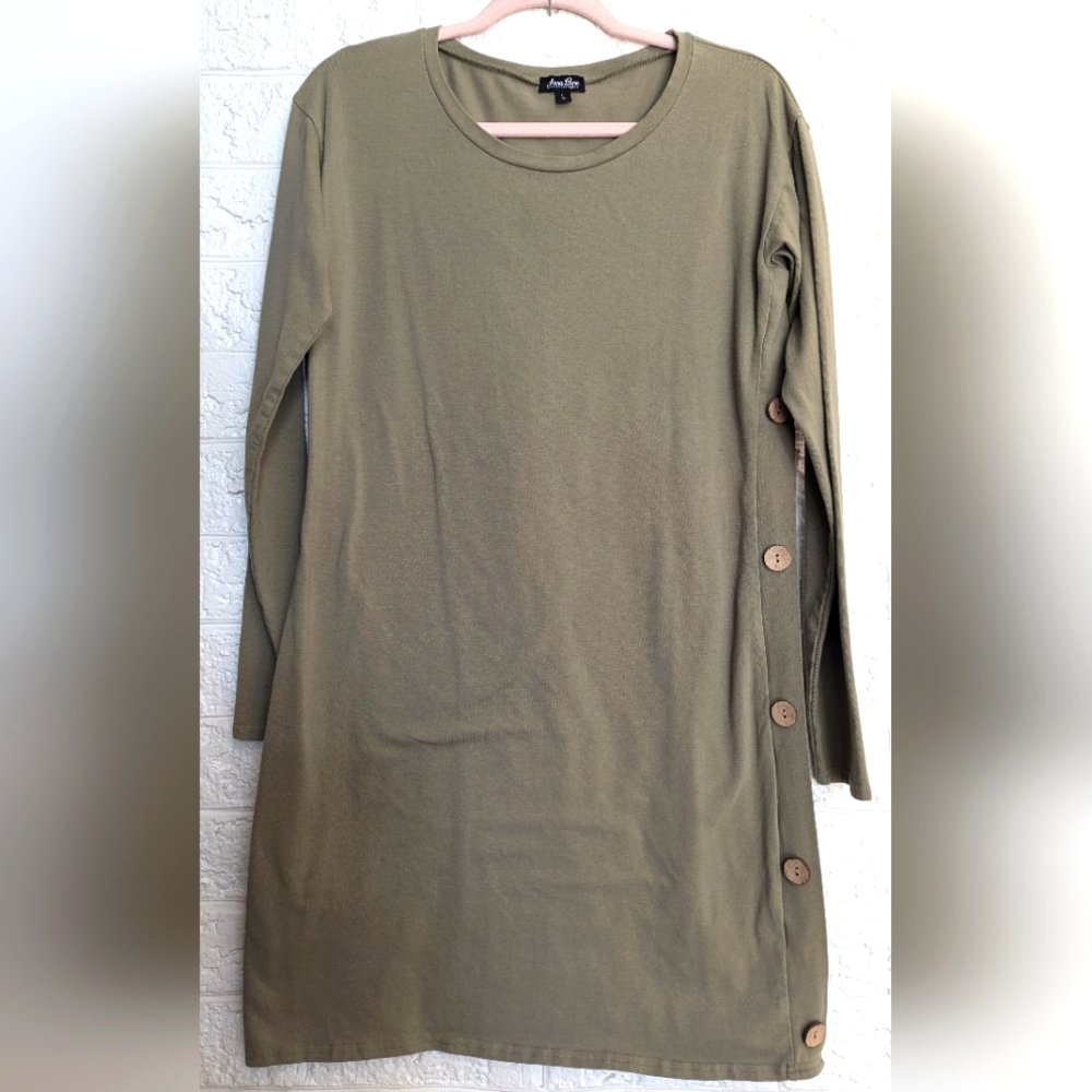 Anna Lane Light Sage Green Long Sleeve Midi Dress with Coconut Shell Buttons